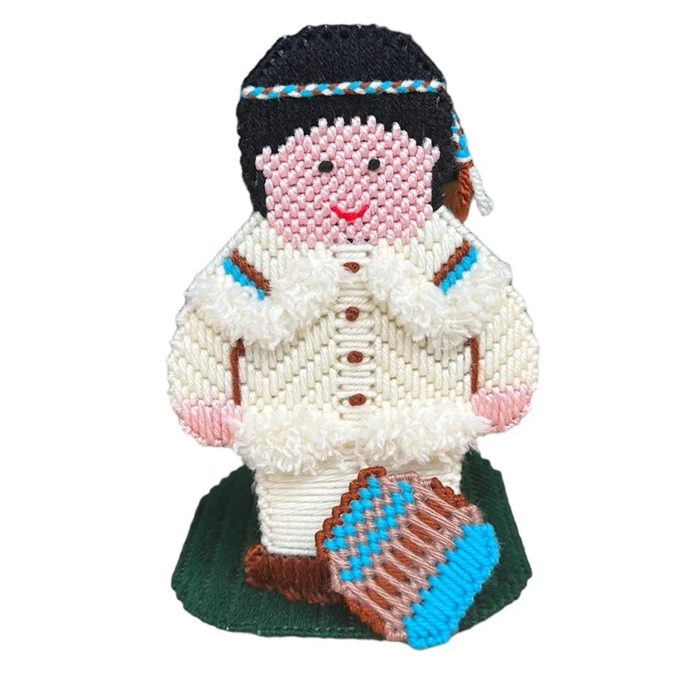Vintage Handmade Needlepoint Thanksgiving Holiday Decor Indian w/Drum and Canoe